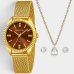 Kit Relógio Lince Analógico Pulseira Mesh Folheado 18K + Colar e Brinco Feminino - Dourado