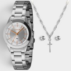 Kit Relógio Lince Analógico Pulseira Mesh + Colar e Brinco Feminino - Prata e Cobre