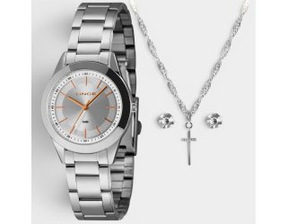 Kit Relógio Lince Analógico Pulseira Mesh + Colar e Brinco Feminino - Prata e Cobre