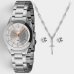 Kit Relógio Lince Analógico Pulseira Mesh + Colar e Brinco Feminino - Prata e Cobre