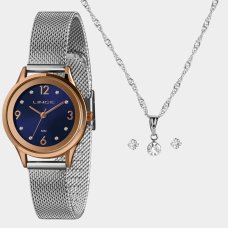 Kit Relógio Lince Analógico Pulseira Mesh + Colar e Brinco Feminino - Prata e Marinho