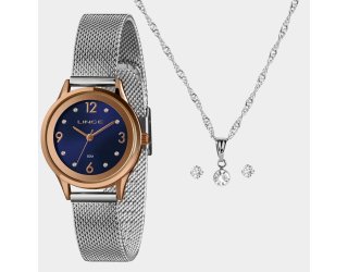 Kit Relógio Lince Analógico Pulseira Mesh + Colar e Brinco Feminino - Prata e Marinho