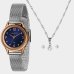 Kit Relógio Lince Analógico Pulseira Mesh + Colar e Brinco Feminino - Prata e Marinho