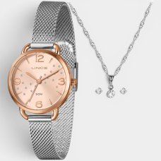 Kit Relógio Lince Analógico Pulseira Mesh + Colar e Brinco Feminino - Prata e Rose