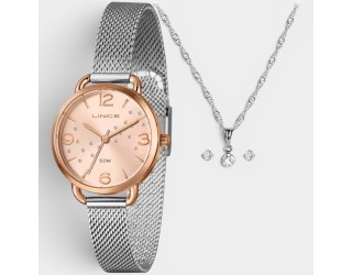 Kit Relógio Lince Analógico Pulseira Mesh + Colar e Brinco Feminino - Prata e Rose