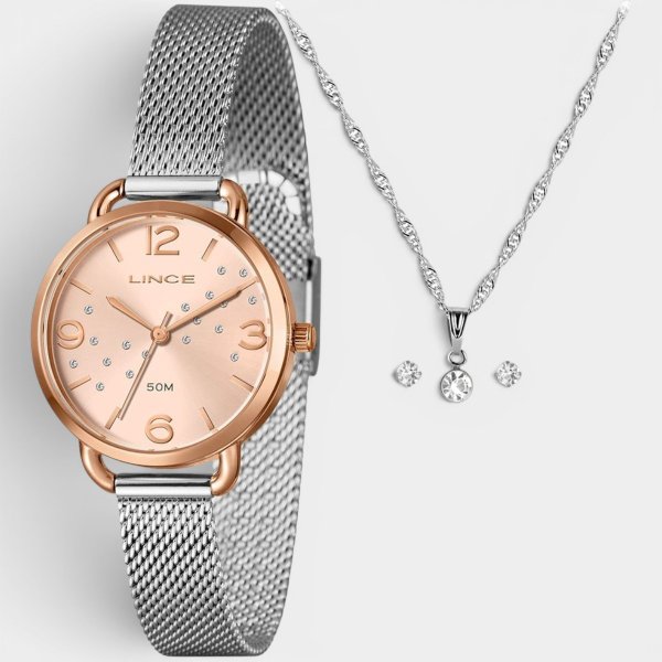 Kit Relógio Lince Analógico Pulseira Mesh + Colar e Brinco Feminino - Prata e Rose