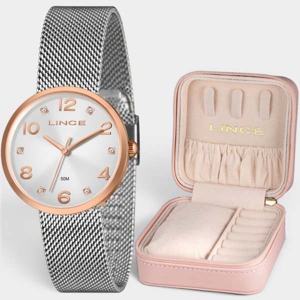 Relógio Lince Analógico Pulseira Mesh Feminino - Prata e Cobre
