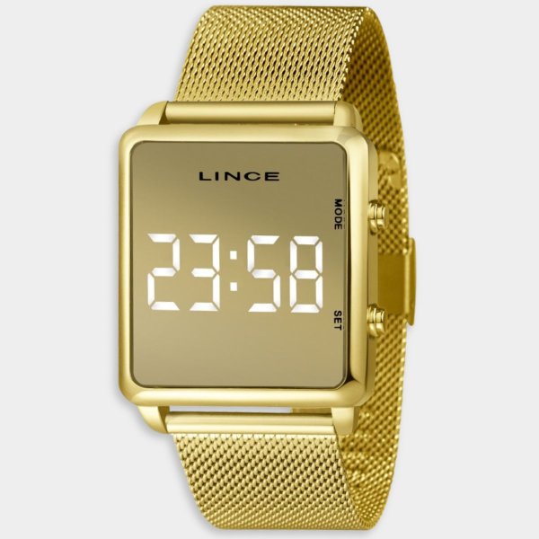 Relógio Lince Digital Led Quadrado Pulseira Mesh Feminino - Dourado