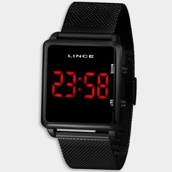 Relógio Lince Digital Led Quadrado Pulseira Mesh Feminino - Preto e Vermelho