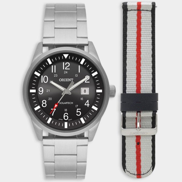 Relógio Orient Analógico Solartech 2 Pulseiras Masculino - Prata e Preto