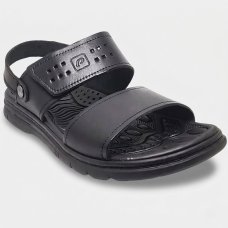 Sandália Couro Pegada Anilina Tiras Autocolantes Masculina - Preto