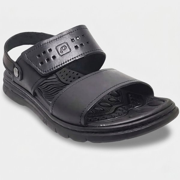 Sandália Couro Pegada Anilina Tiras Autocolantes Masculina - Preto